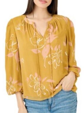 Daniel Rainn Mustard Yellow Floral V-Neck Peasant Blouse